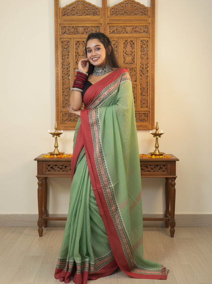 Green & Maroon Cotton Solid Saree For Women