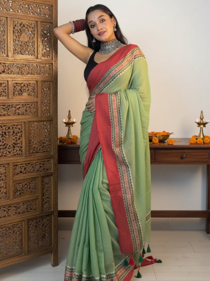 Green & Maroon Cotton Solid Saree For Women
