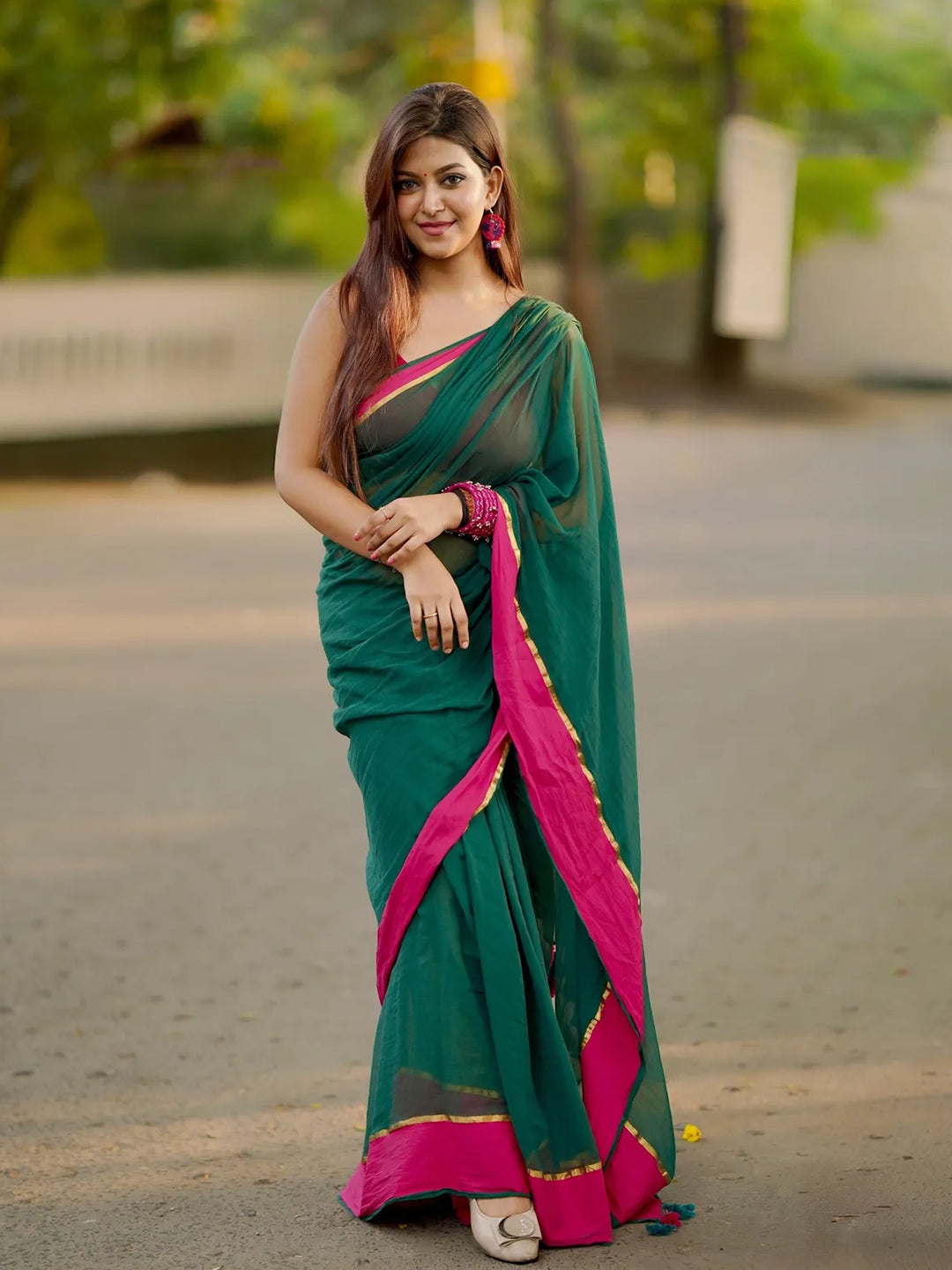 Aparna Dark Green Pink Boder Premium Mul Cotton Saree For Women
