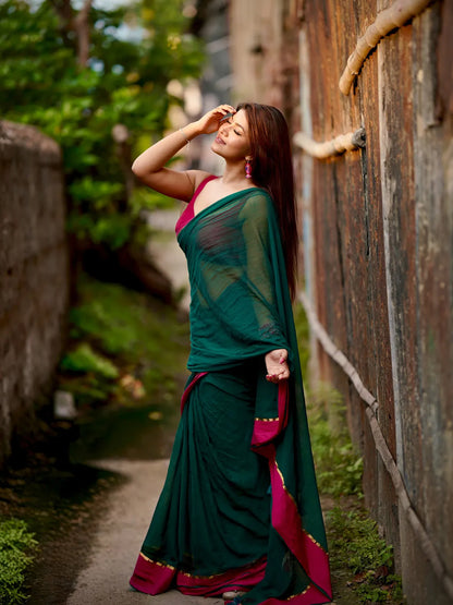 Aparna Dark Green Pink Boder Premium Mul Cotton Saree For Women