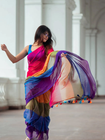 MultiColor Premium Mol Cotton Solid Saree For Women