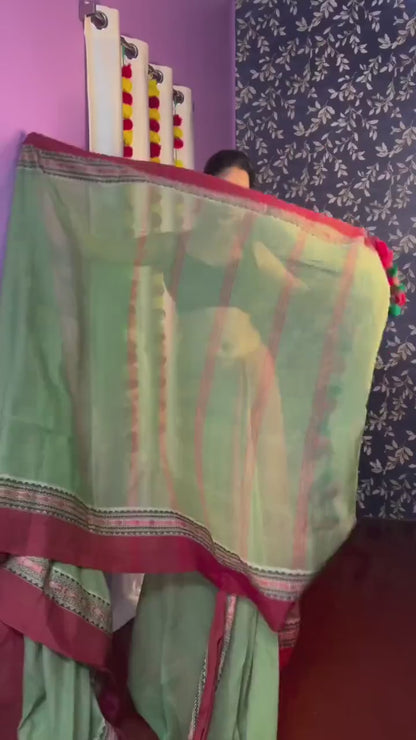 Green & Maroon Cotton Solid Saree For Women